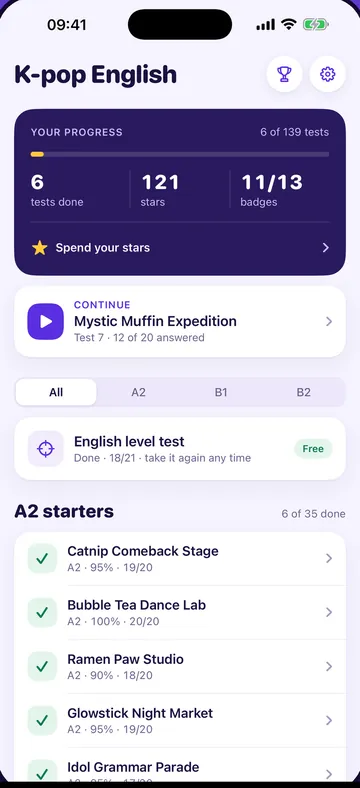 The K-pop English app: home, a quiz question, the rewards shop and badges